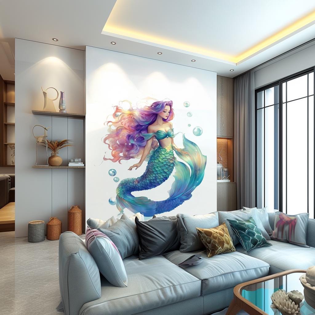 Mermaid Wall Decal | Fantasy Underwater Decor | Ocean Theme Sticker | Kids Room Vinyl Art | Large Peel and Stick Mural | Gift for Girls Room