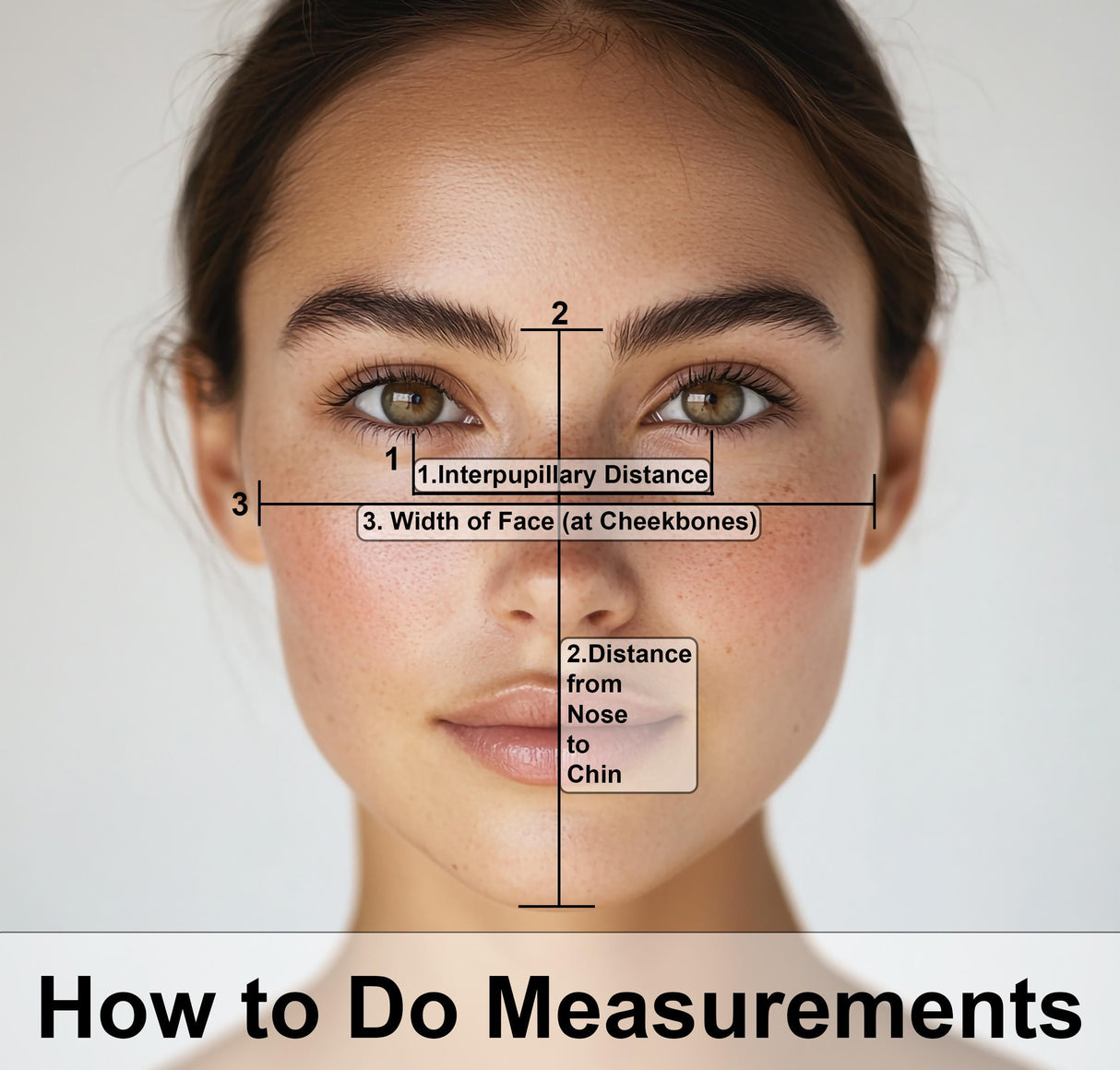 Diagram showing how to measure face dimensions: interpupillary distance, cheekbone width, and nose to chin distance.