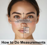 Diagram showing how to measure face dimensions: interpupillary distance, cheekbone width, and nose to chin distance.