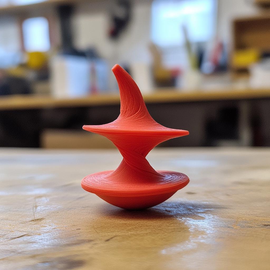 Custom 3D printed red spinning top model displayed on a wooden surface, showcasing unique design and precision craftsmanship.