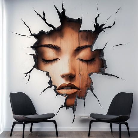 3D Cracked Wall Face Decal | Surreal Optical Illusion Wall Art | Realistic Vinyl Mural | Modern Home Decor | Large Peel & Stick Sticker