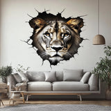 3D Lion Wall Decal | Realistic Cracked Wall Safari Mural | Wild Animal Vinyl Sticker | Living Room Office Statement Art | Peel & Stick