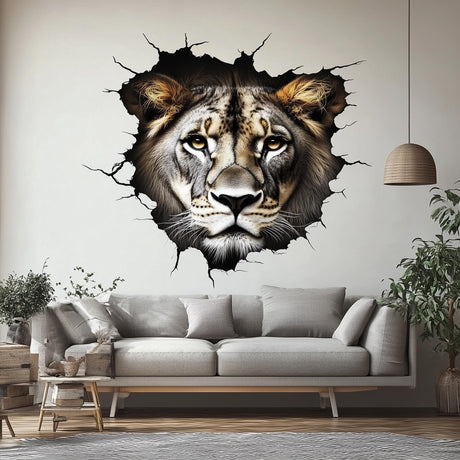 3D Lion Wall Decal | Realistic Cracked Wall Safari Mural | Wild Animal Vinyl Sticker | Living Room Office Statement Art | Peel & Stick