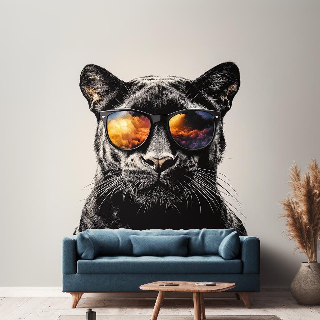 Black Panther Wall Decal | Cool Big Cat Mural with Sunglasses | Urban Jungle Vinyl Sticker | Modern Living Room Office Decor | Peel & Stick