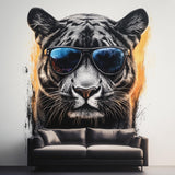 Black Panther Wall Decal | Cool Big Cat with Sunglasses Vinyl Mural | Urban Jungle Graffiti Wall Art | Modern Living Room Office Decor