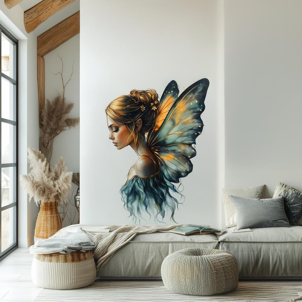 Enchanted Fairy Wall Decal | Elegant Butterfly Wings Sticker | Fantasy Girl Vinyl Mural | Mystical Bedroom Decor | Fairy Tale Peel Stick Art