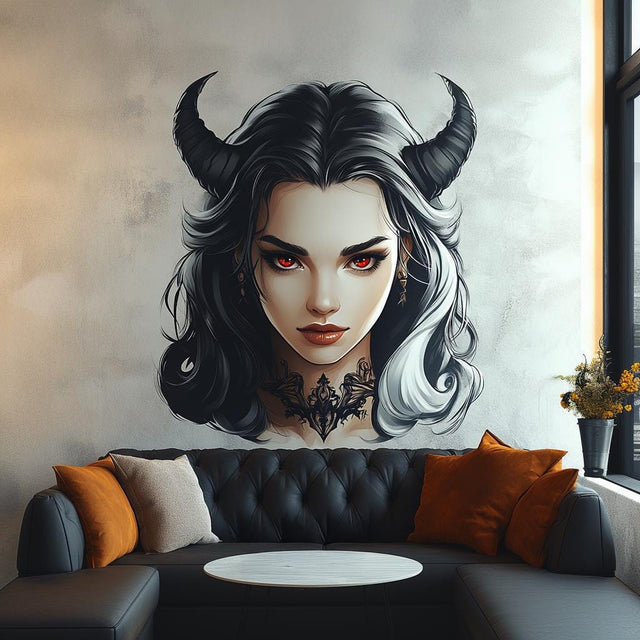 Dark Gothic Demon Woman Wall Decal | Horned Succubus Vinyl Sticker | Fantasy Aesthetic Wall Mural | Anime Gothic Art Alternative Home Decor