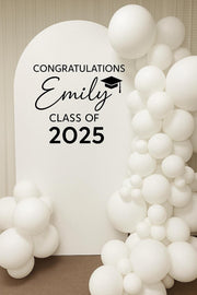 Personalized graduation decal example with a graduate name and year on a balloon backdrop.