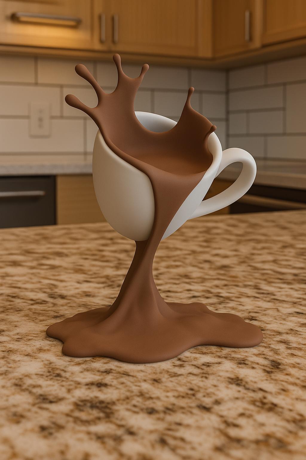 3D Printed Coffee Splash Sculpture | Floating Spilling Coffee Cup Optical Illusion Desk Decor | Coffee Bar Display Unique Barista Gift Cafe