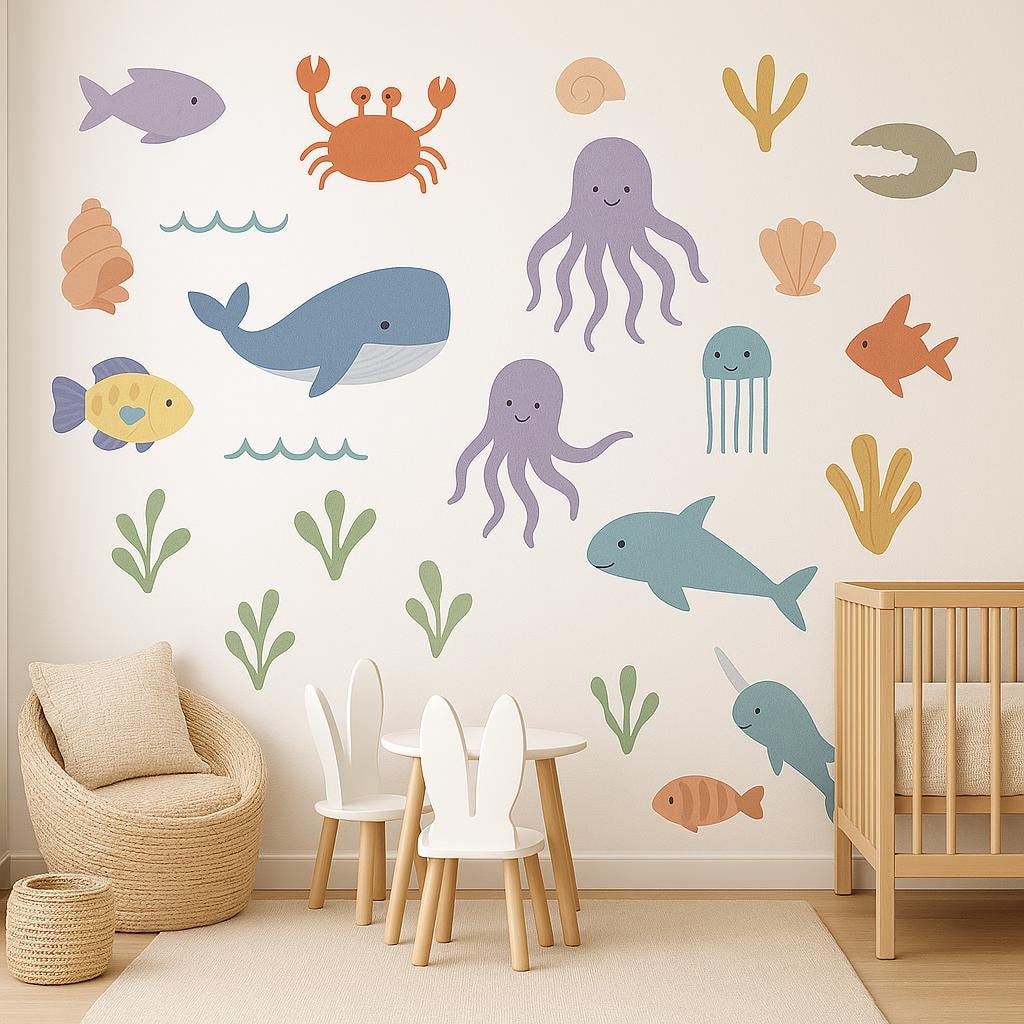A nursery room wall decorated with colorful ocean-themed decals including whales, octopuses, fish, jellyfish, coral, and crabs in soft watercolor shades, placed above a crib and bunny-shaped chair.