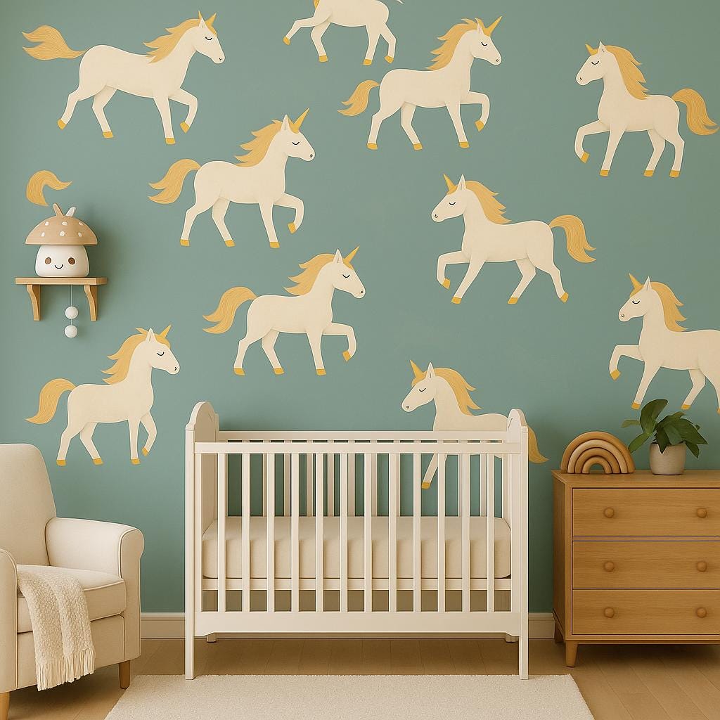 Enchanting unicorn wall decals in soft tones adorning a nursery wall, creating a magical kids' room atmosphere.
