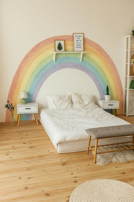 A kids’ bedroom with a large pastel rainbow wall decal behind the bed. The rainbow is soft and watercolor-style, arched over a white bed with light wood furniture, creating a warm and whimsical space.