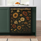 Vintage floral dishwasher cover featuring sunflowers and poppies on a dark background, perfect for kitchen decor.