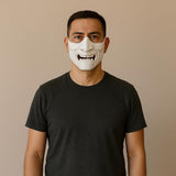 Man wearing a 3D printed Oni mask, showcasing bold design and intricate details, perfect for cosplay or Halloween.
