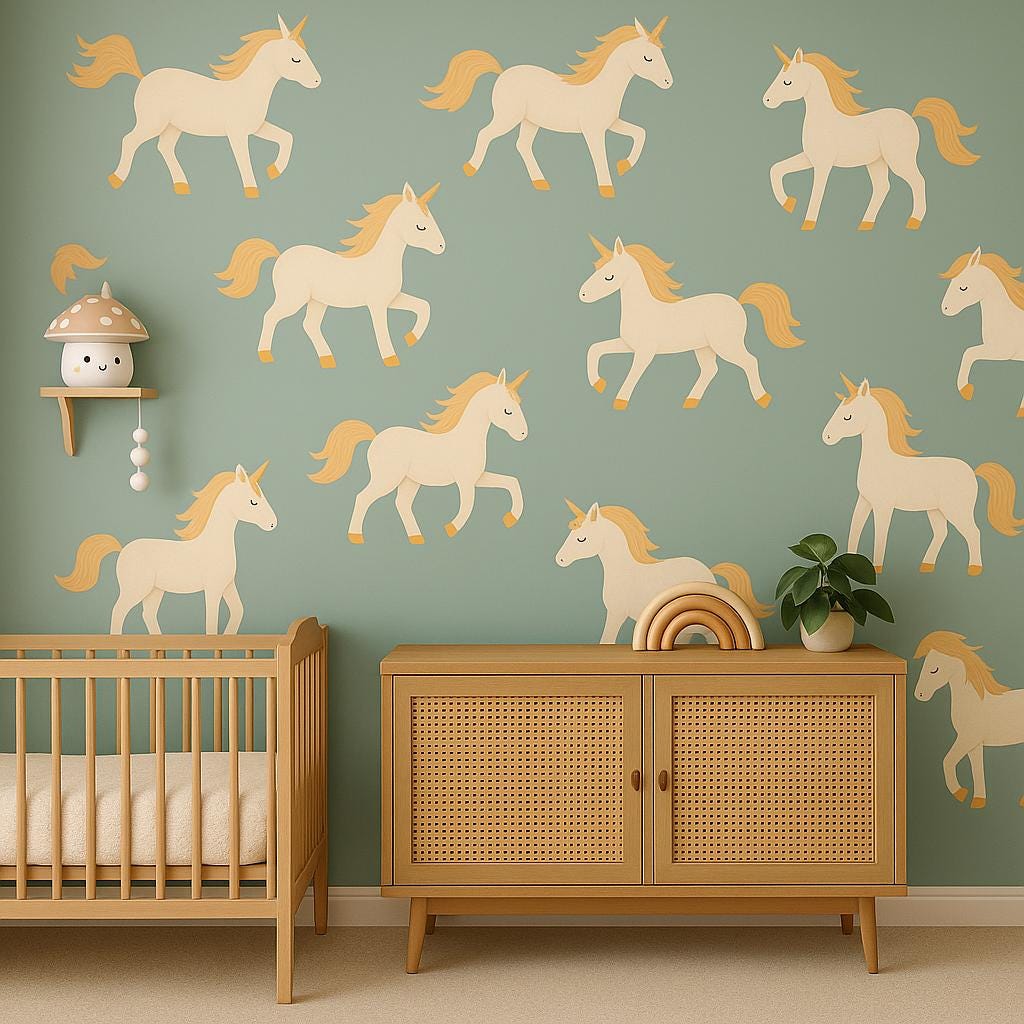 Whimsical unicorn wall decals on a soft green nursery wall, adding magical charm to a child's room decor.
