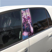 A stylized anime girl B-pillar sticker applied on a car window, featuring a pastel-haired girl.