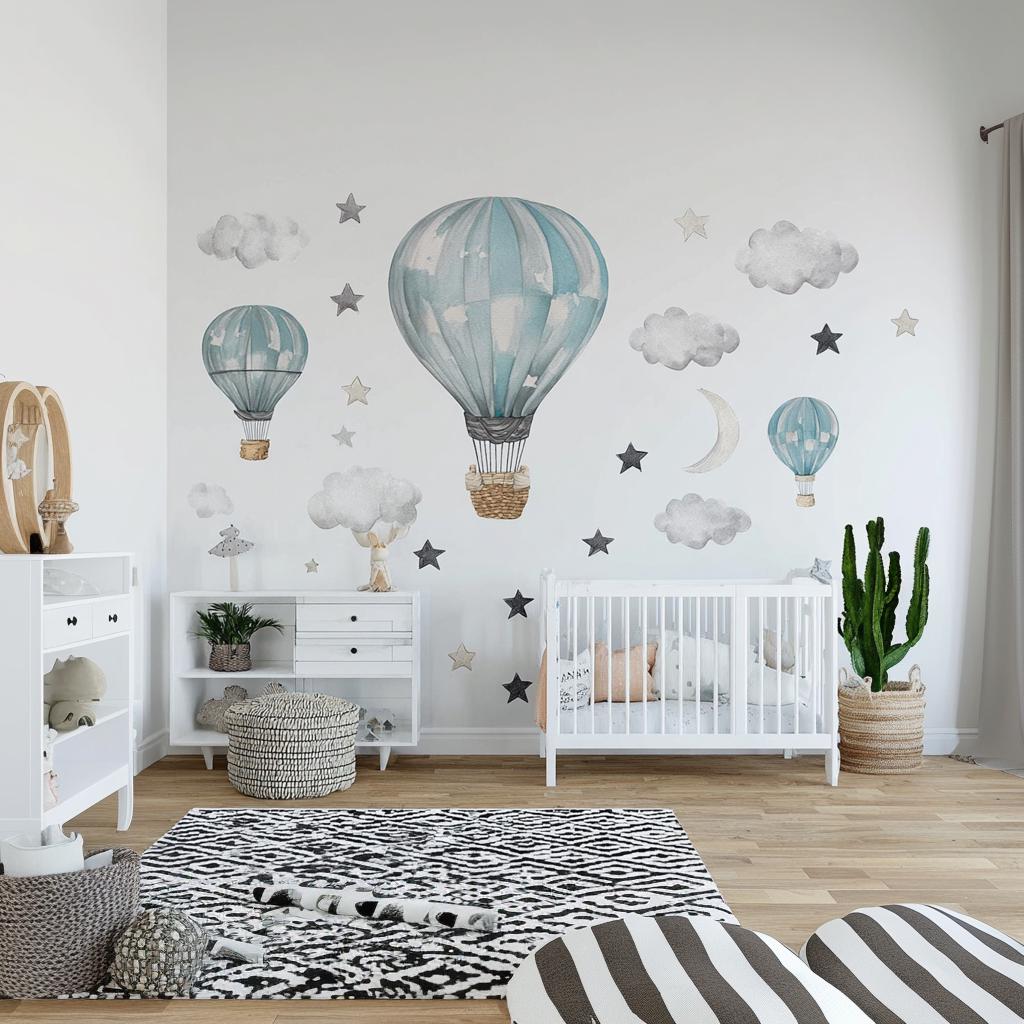 Hot Air Balloon Wall Decals | Nursery Wall Stickers | Dreamy Sky Wall Decor with Stars, Clouds & Moon | Baby Room Vinyl Decal Set