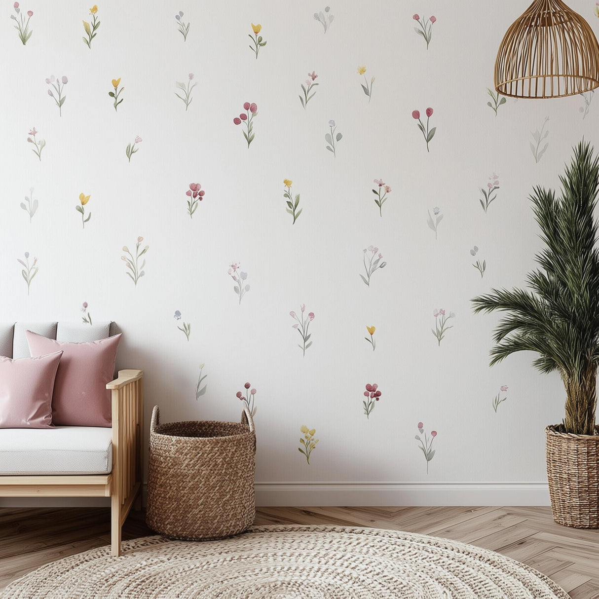 A bright and cozy nursery room decorated with individually spaced watercolor floral wall decals in soft shades of pink, yellow, blue, and green, arranged above rattan furniture and neutral-toned armchairs for a serene botanical theme.