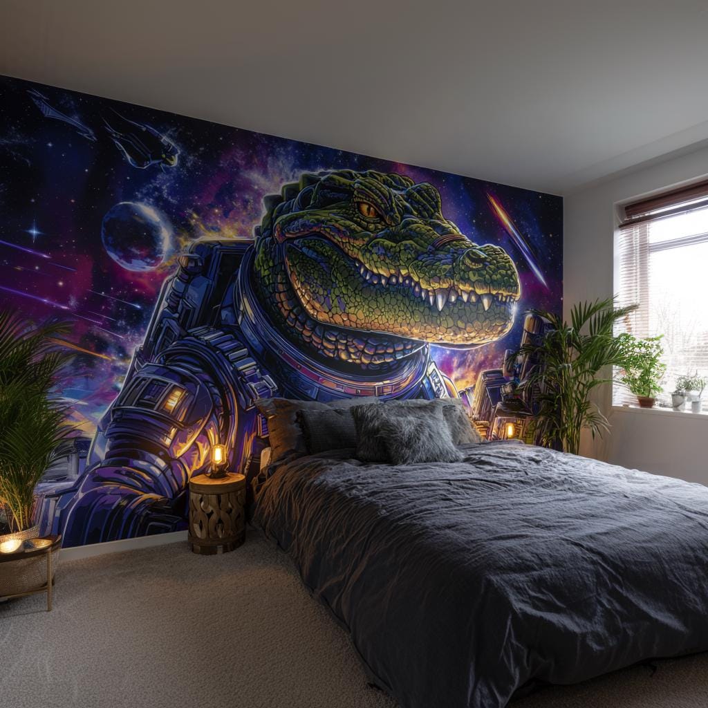 Space Wallpaper Decal | Astronaut Crocodile Wall Art Sticker | Kids Room Decor | Peel and Stick Cosmic Vinyl Mural | Removable Wall Decor