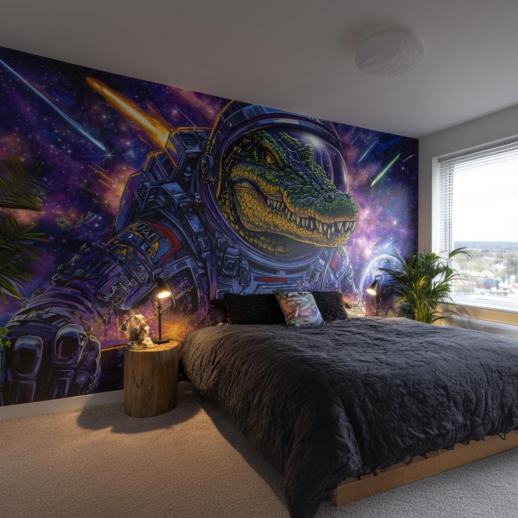 Astronaut Crocodile Wallpaper Sticker | Space Wall Mural for Kids | Galaxy Room Decor | Removable Peel and Stick Vinyl | Boys Teen Decal