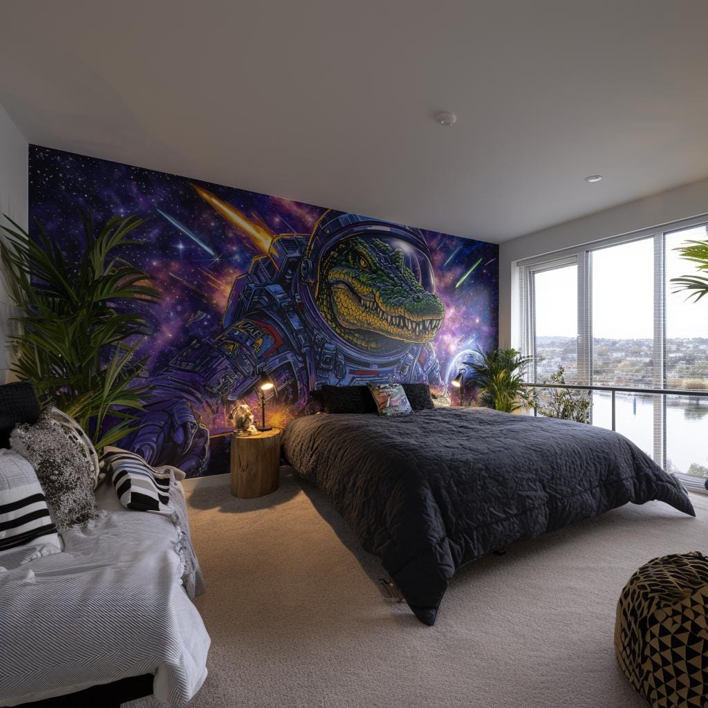 Astronaut Crocodile Wallpaper Sticker | Space Wall Mural for Kids | Galaxy Room Decor | Removable Peel and Stick Vinyl | Boys Teen Decal