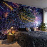 Vinyl wall mural showcasing a vibrant and detailed crocodile astronaut wearing a spacesuit, exploring a cosmic background filled with stars, planets, and colorful galaxies.