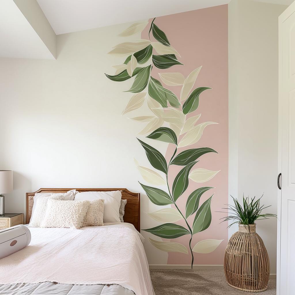 Large Vine Leaf Wall Decal | Blush Pink Botanical Mural | Removable Greenery Wall Sticker | Modern Bedroom or Nursery Accent Wall Art