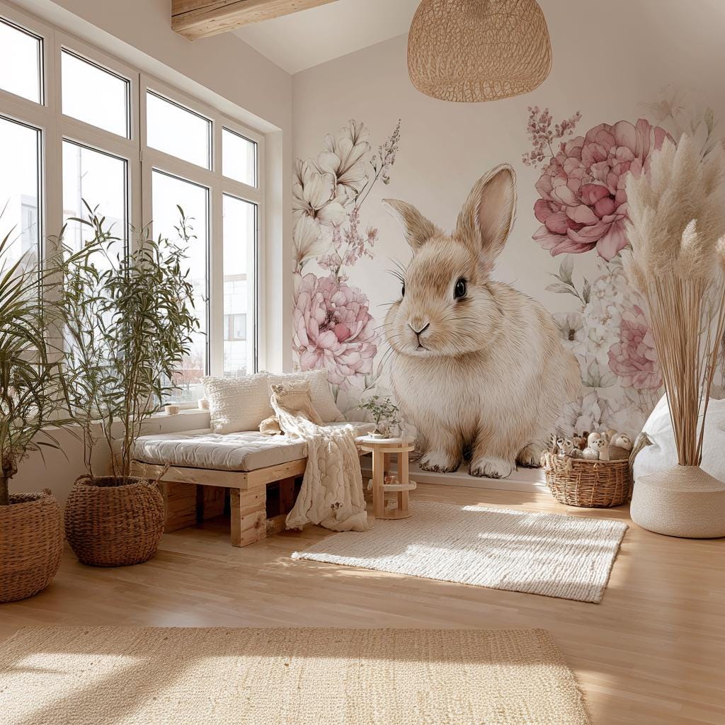 Giant Bunny Wall Decal with Flowers | Boho Nursery Animal Mural | Removable Baby Room Vinyl | Woodland Rabbit Wall Sticker for Kids