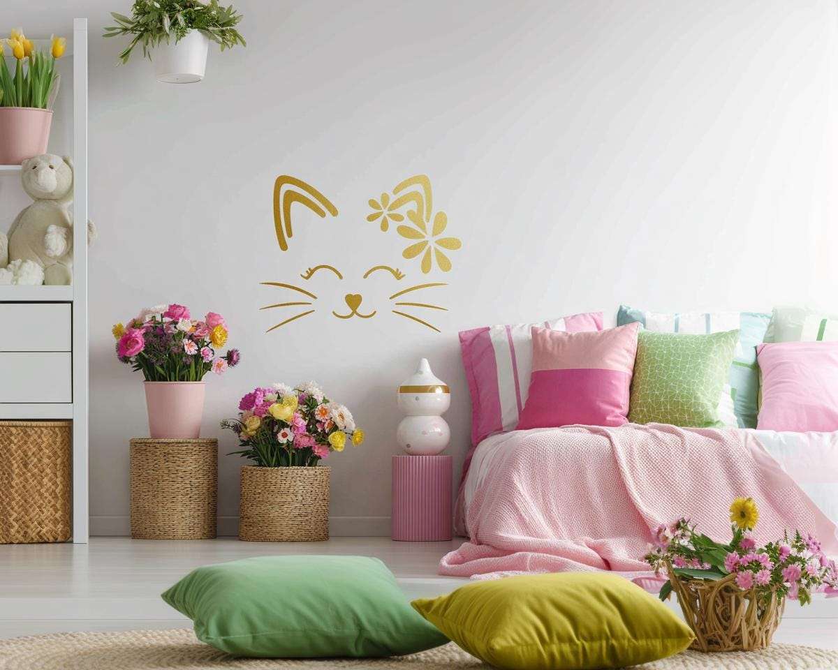 Cute Cat Wall Decal | Flower Cat Vinyl Sticker | Nursery Wall Art | Removable Kitty Wall Decor | Girls Room Wall Sticker | Cat Face Decal