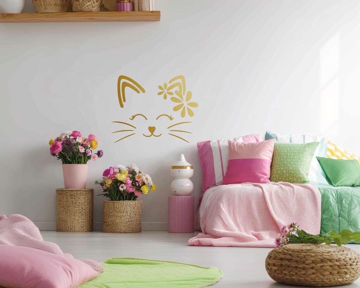 Cute Cat Wall Decal | Flower Cat Vinyl Sticker | Nursery Wall Art | Removable Kitty Wall Decor | Girls Room Wall Sticker | Cat Face Decal