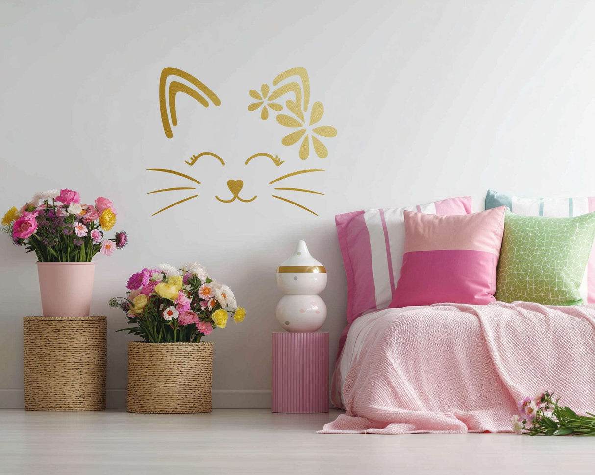 Cute Cat Wall Decal | Flower Cat Vinyl Sticker | Nursery Wall Art | Removable Kitty Wall Decor | Girls Room Wall Sticker | Cat Face Decal