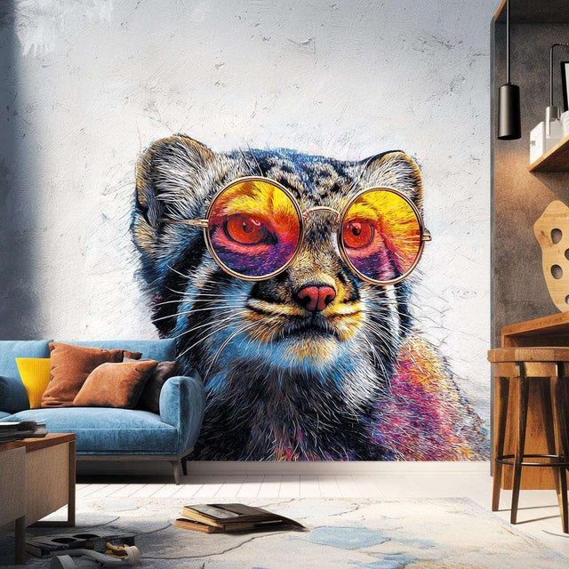 Printed vinyl wall decal of a Pallas&#39;s cat (manul) wearing large colorful sunglasses, with detailed fur in vivid colors. The decal is cut to shape and applied to a white indoor wall behind a modern sofa and interior elements.