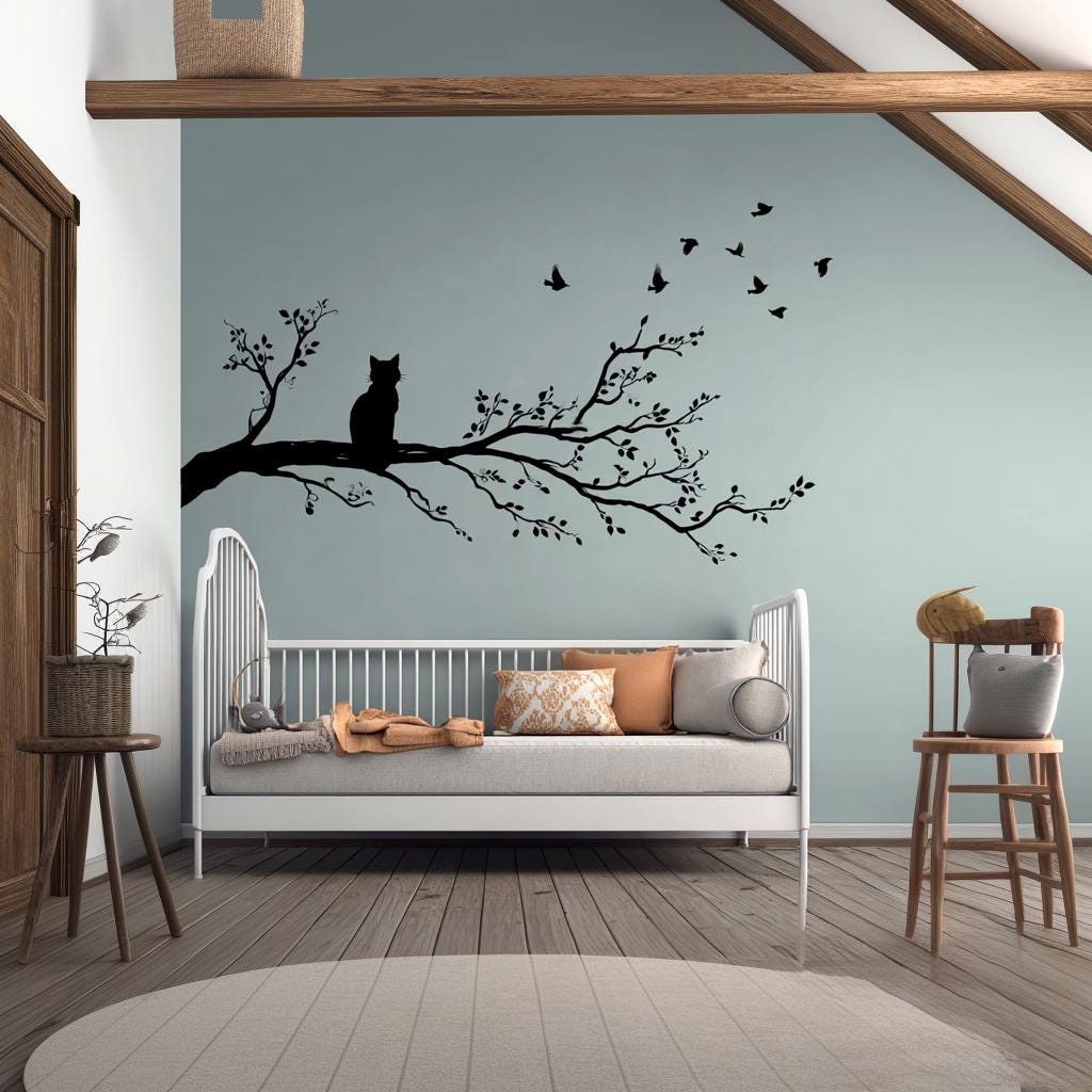 Cat on Tree Branch Wall Decal | Vinyl Cat and Birds Sticker | Nature Wall Decor | Cat Silhouette Wall Art | Tree Wall Sticker for Nursery