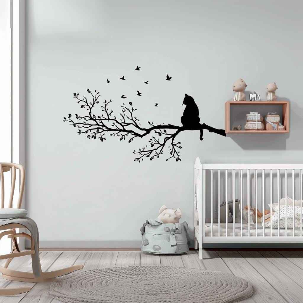 Cat on Tree Branch Wall Decal | Vinyl Cat and Birds Sticker | Nature Wall Decor | Cat Silhouette Wall Art | Tree Wall Sticker for Nursery