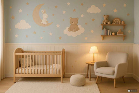 Vinyl nursery wall decal set featuring a bunny sitting on the moon, a bear on a cloud, fluffy clouds, and decorative stars in warm beige and cream tones. Decals are applied above a crib in a cozy baby nursery.