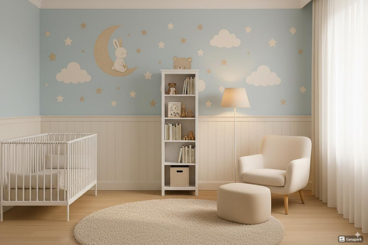 Nursery Wall Decal Set | Bunny on Moon, Bear on Cloud, Stars and Clouds Stickers | Baby Room Vinyl Wall Decor | Cute Animal Wall Stickers