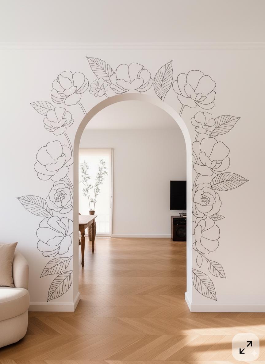 Floral Wall Decal Set | Outline Flower and Leaves Stickers | Modern Vinyl Wall Decor | Botanical Line Art Wall Sticker Minimalist Home Decor