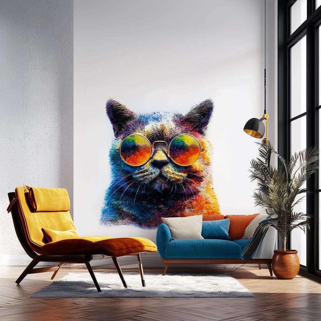 Cool Cat Wall Decal | Cat with Sunglasses Sticker | Colorful Vinyl Wall Art | Funky Cat Wall Decor | Funny Cat Room Sticker | Cat Face Decal