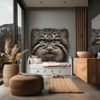 Large vinyl wall decal of a realistic Pallas’s cat face, printed in full color and applied to a wall above a child's bed. The design has no background and blends seamlessly into a modern natural-toned room interior.
