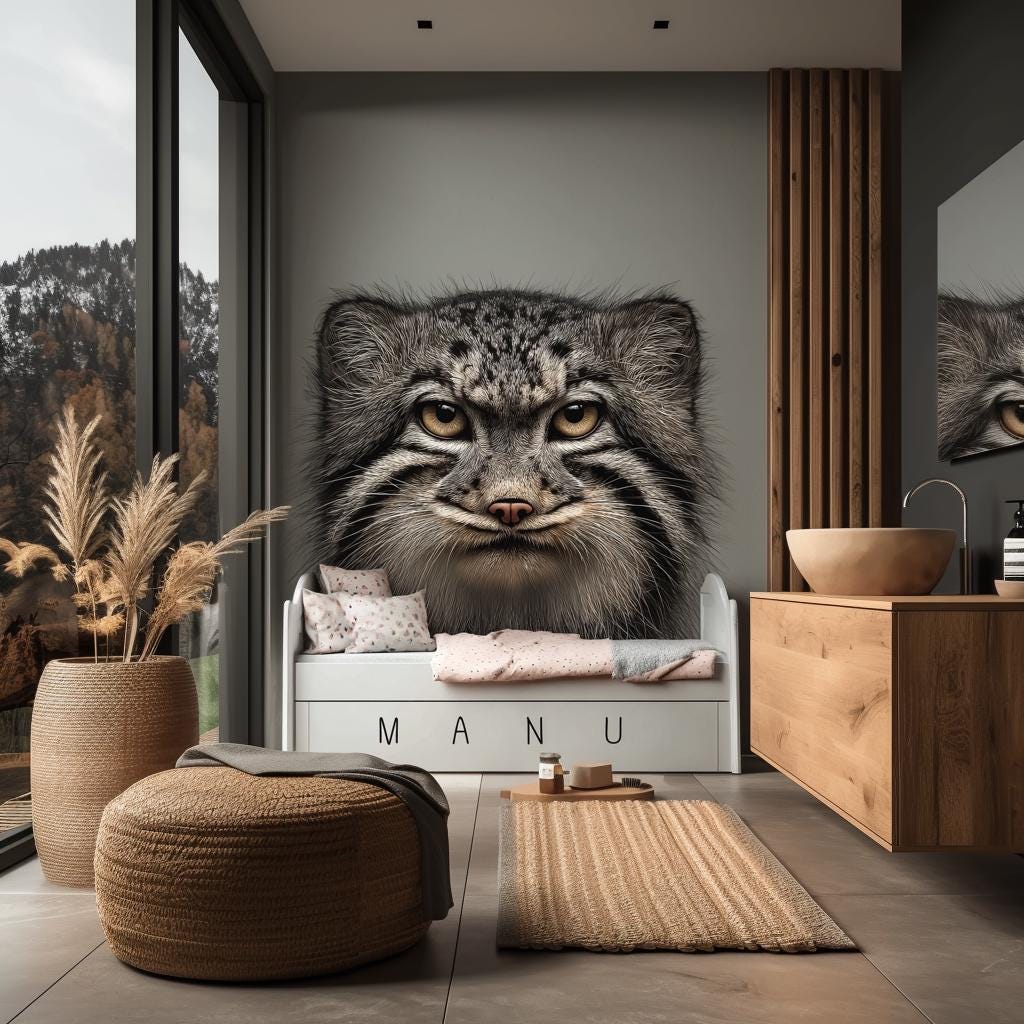 Large vinyl wall decal of a realistic Pallas’s cat face, printed in full color and applied to a wall above a child's bed. The design has no background and blends seamlessly into a modern natural-toned room interior.