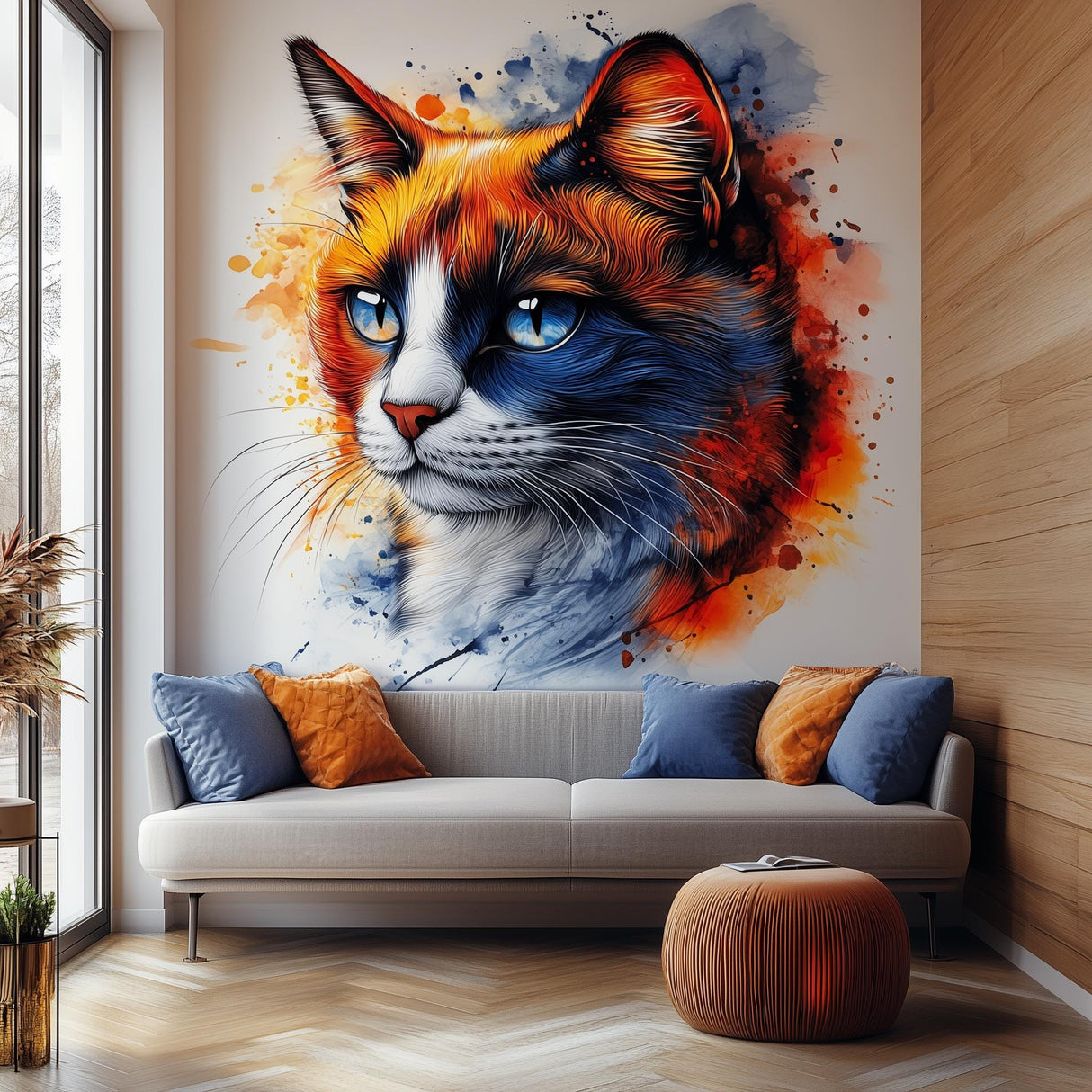 Artistic wall decal featuring a blue-eyed calico cat in a bold watercolor style, with splashes of orange, blue, and black, installed above a modern white couch with orange and blue pillows.