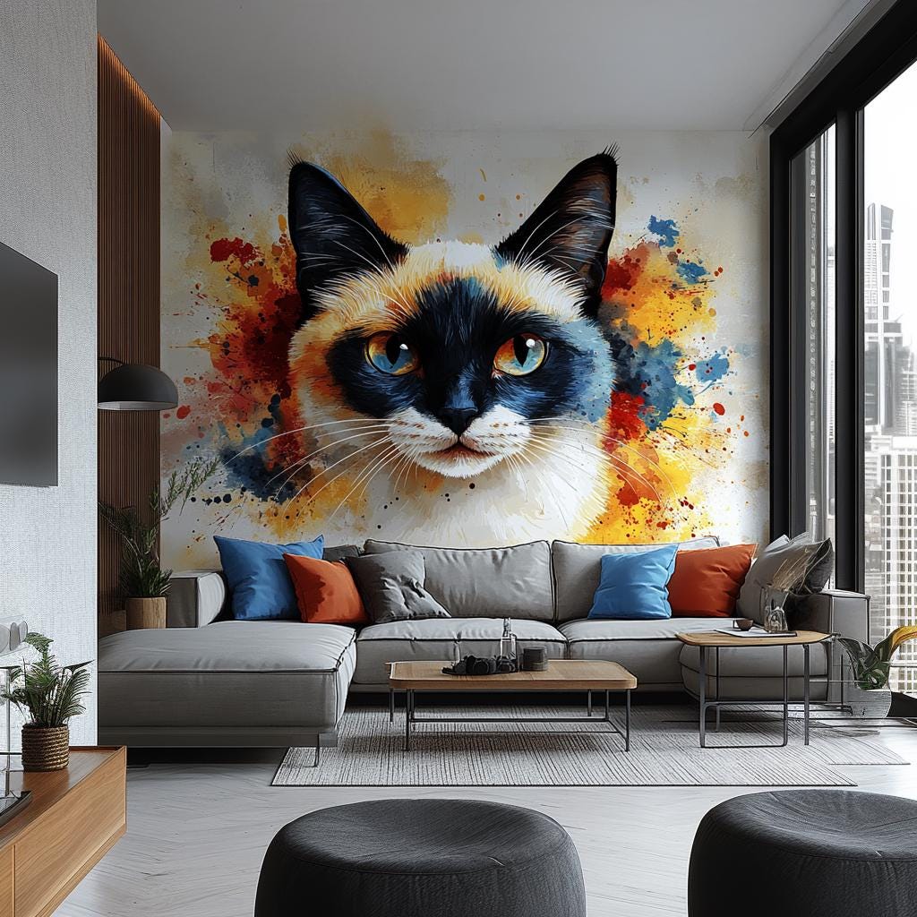 Siamese Cat Wall Decal – Blue Eyed Cat Face Vinyl Sticker – Watercolor Style Animal Mural – Colorful Wall Art for Living Room or Bedroom