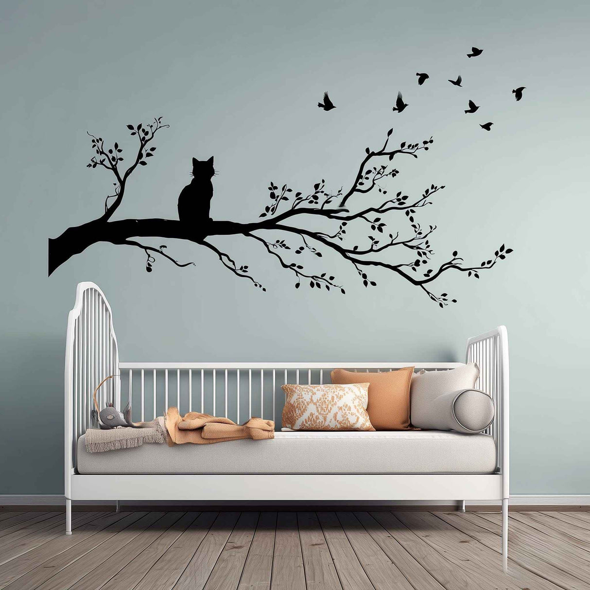 Cat on Tree Branch Wall Decal | Vinyl Cat and Birds Sticker | Nature Wall Decor | Cat Silhouette Wall Art | Tree Wall Sticker for Nursery