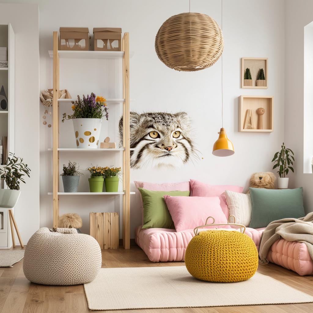 Pallas Cat Wall Decal | Manul Face Vinyl Sticker | Realistic Animal Wall Art | Soft Wildlife Decor for Kids Room | Cute Wild Cat Wall Mural