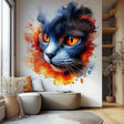 Colorful wall decal of a cat face with vivid orange, red, and blue watercolor splashes, applied above a neutral bench in a bright modern room with natural wood accents.