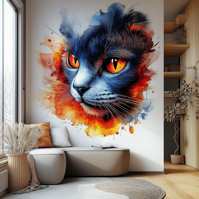 Colorful wall decal of a cat face with vivid orange, red, and blue watercolor splashes, applied above a neutral bench in a bright modern room with natural wood accents.