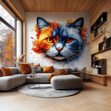 Cat Face Wall Decal | Two-Tone Watercolor Cat Sticker | Blue and Orange Cat Wall Art | Artistic Vinyl Mural | Bold Modern Animal Decor