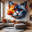Vinyl wall decal of a cat face with one half painted in vibrant orange and the other in deep blue watercolor style, applied to a smooth wall above a modern sectional sofa in a warm-toned interior.