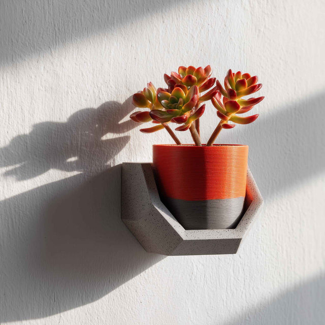 3D printed geometric wall shelf holder in gray, holding a red and black plant pot with succulents, displayed as modern minimalist wall decor