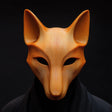 3D printed fox mask with minimalist animal design worn by an adult person, made of matte PLA plastic, modern cosplay and home decor accessory